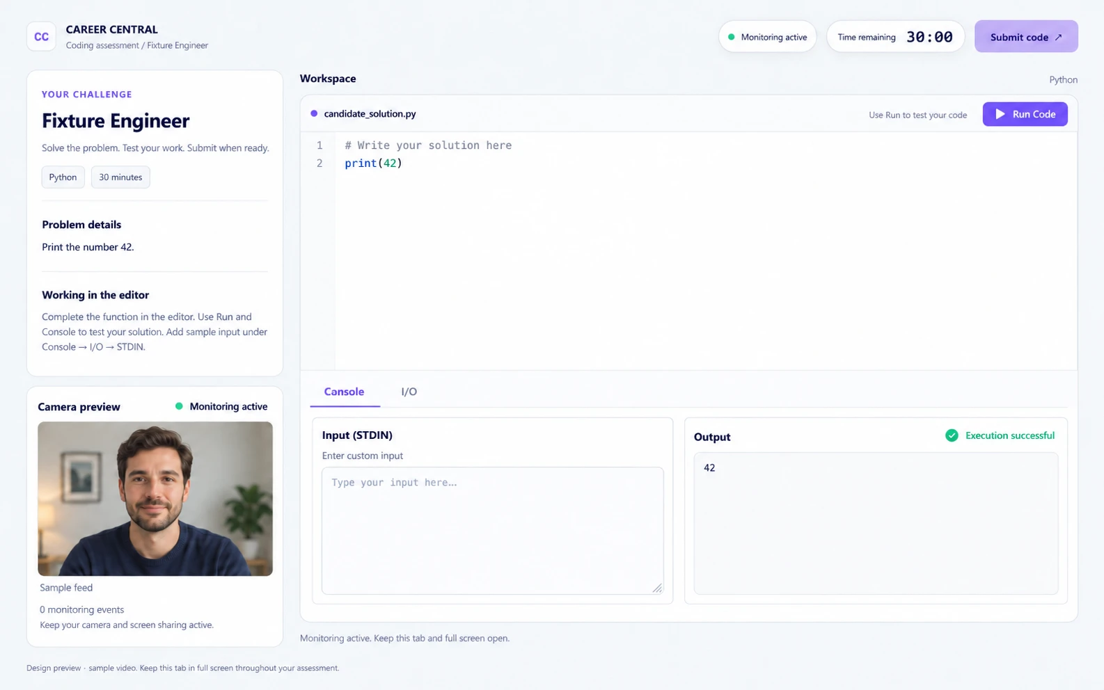 Coding Assessment workspace with code editor, console, timer, and sample camera feed