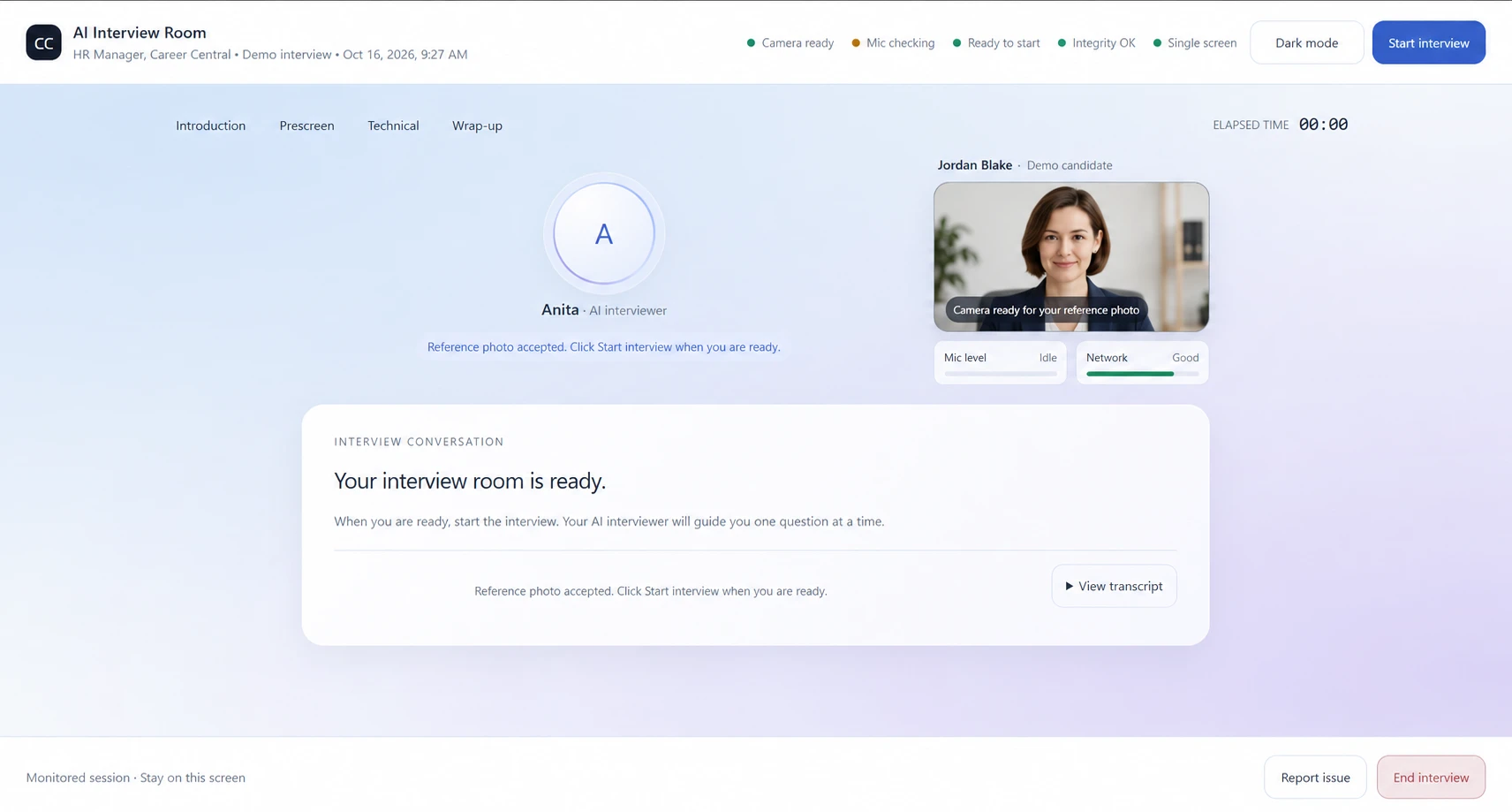 Career Central interview with fictional demonstration data