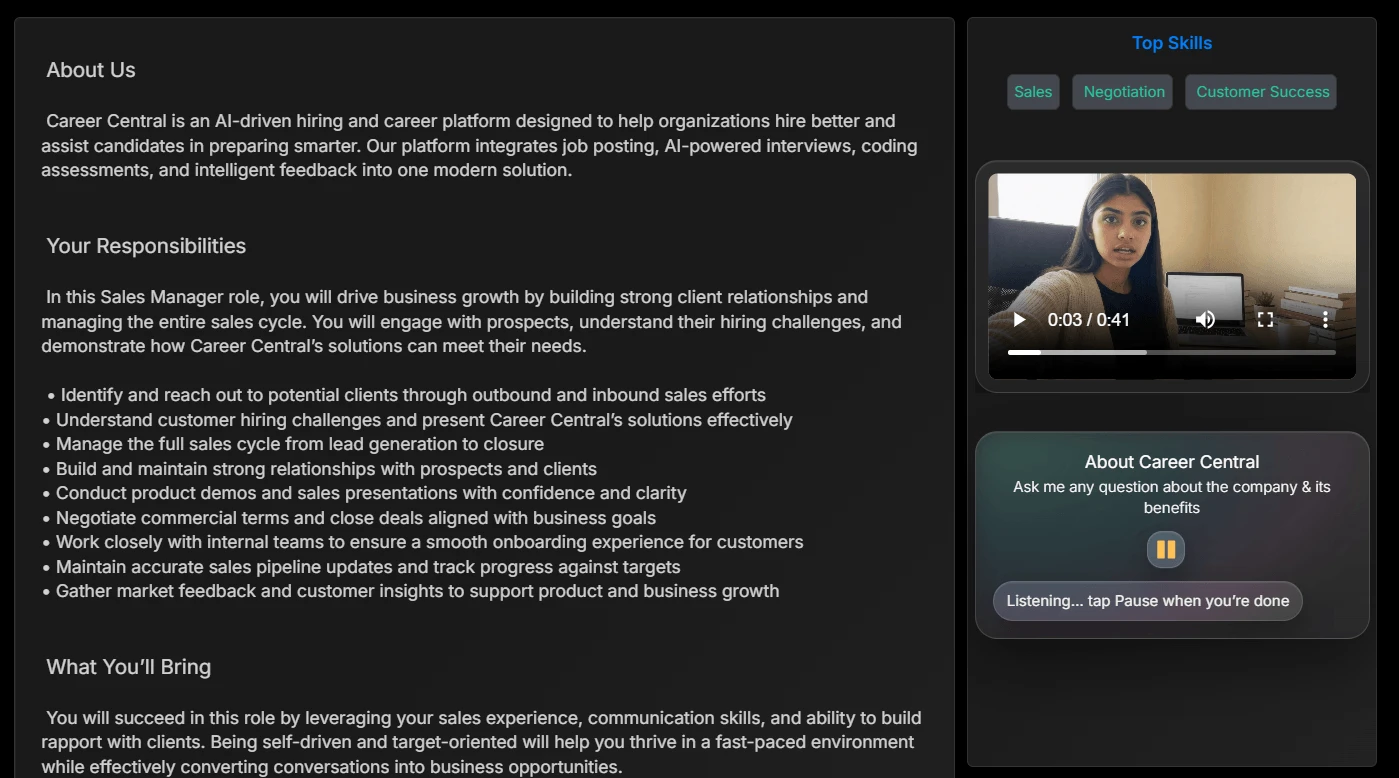 Career Central Job Portal showing role information alongside a company video